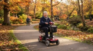 Riding a boot scooter for people with limited upper body strength along a paved park path.
