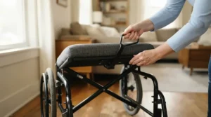 A quick release seat mechanism on a boot scooter for people with limited upper body strength.