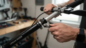 Demonstrating removable lightweight parts on a boot scooter for people with limited upper body strength.