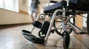 A close-up view of affordable wheelchair attachments used as elevating leg rests for circulation in a care setting.