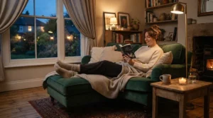 A cozy evening scene showing elevating leg rests for circulation in front of a warm fireplace.