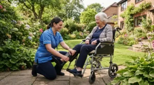 A carer adjusting elevating leg rests for circulation on an outdoor mobility chair in a garden.