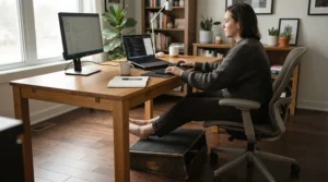 An office worker utilizing elevating leg rests for circulation underneath a wooden desk during a working day.