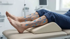A medical diagram illustrating peripheral circulation support achieved through elevating leg rests for circulation.