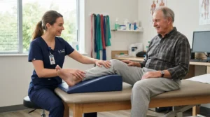 A physiotherapist demonstrating physiotherapist-recommended positioning using elevating leg rests for circulation in a clinic.