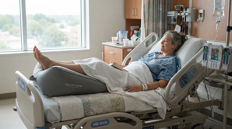 A patient practicing post-operative recovery with elevating leg rests for circulation in a hospital ward bed.