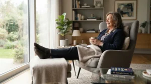 An illustration comparing elevating leg rests vs standard leg rests for managing circulation and swelling in a British living room.