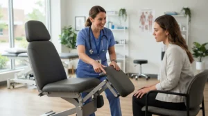A physiotherapist explaining medical footrest guidance regarding elevating leg rests vs standard leg rests.