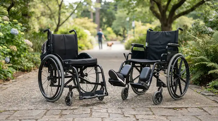 A side-by-side comparison of wheelchair configurations featuring elevating leg rests vs standard leg rests.