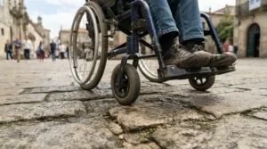 An illustration testing folding vs one-piece footplates on traditional British cobbled paving.