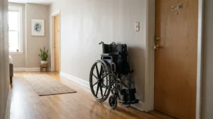 An illustration of folding vs one-piece footplates stored neatly in a small hallway.
