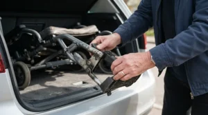 An illustration showing folding vs one-piece footplates during car boot loading in the UK.