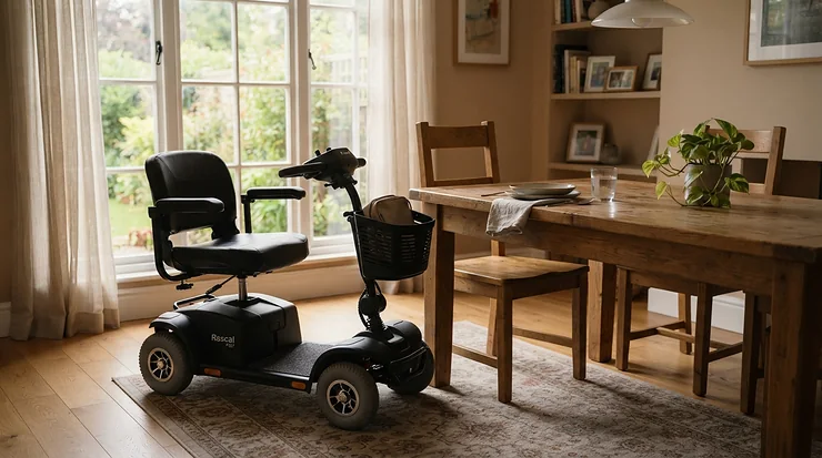 Cost-effective footplates for wide wheelchairs shown in a home setting