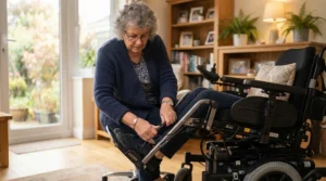 User demonstrating width adjustment on footplates for wide wheelchairs