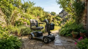 Heavy-duty footplates for wide wheelchairs fitted to an outdoor frame
