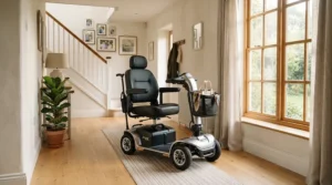 Wide-frame fitting of footplates for wide wheelchairs in a modern hallway