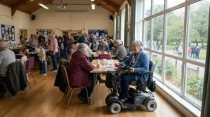 Visitor attending a local community event utilizing large footplates for bariatric wheelchairs