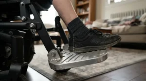Close-up view of an extra-wide platform featuring large footplates for bariatric wheelchairs in a modern living room