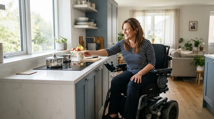 Independent user preparing a meal at home with large footplates for bariatric wheelchairs fitted