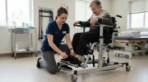 Physiotherapist adjusting large footplates for bariatric wheelchairs inside a British hospital rehabilitation unit