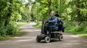 User navigating a paved pathway in a public park using large footplates for bariatric wheelchairs