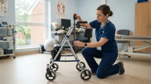 Care professional demonstrating large footplates for bariatric wheelchairs during a sizing consultation in an NHS facility