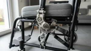 Close-up of wheelchair leg rests featuring adjustable angle brackets for tailored positioning and comfort.