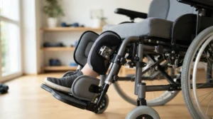 Adjustable calf pads on wheelchair leg rests offering secure and comfortable lower leg support.