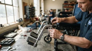 Demonstration of universal leg support compatibility showing wheelchair leg rests being fitted to a mobility frame.