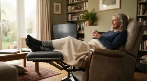 A user relaxing at home with wheelchair leg rests adjusted to an elevated position for reduced swelling.
