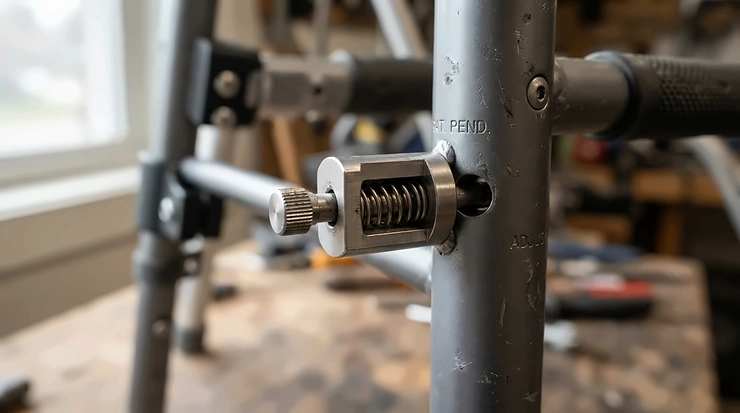 Close-up of quick-release pins on wheelchair leg rests for simple attachment and removal.