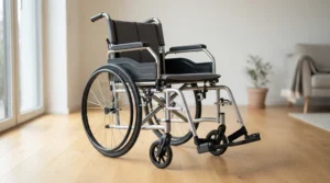 Wheelchair leg rests with a swing-away mechanism shown pivoted to the side for easy transfers.